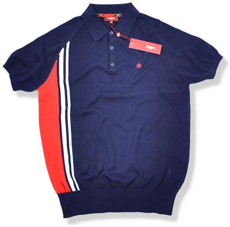 Merc London Fine Knit Mod Stripe Polo Shirt Navy Blue Preview